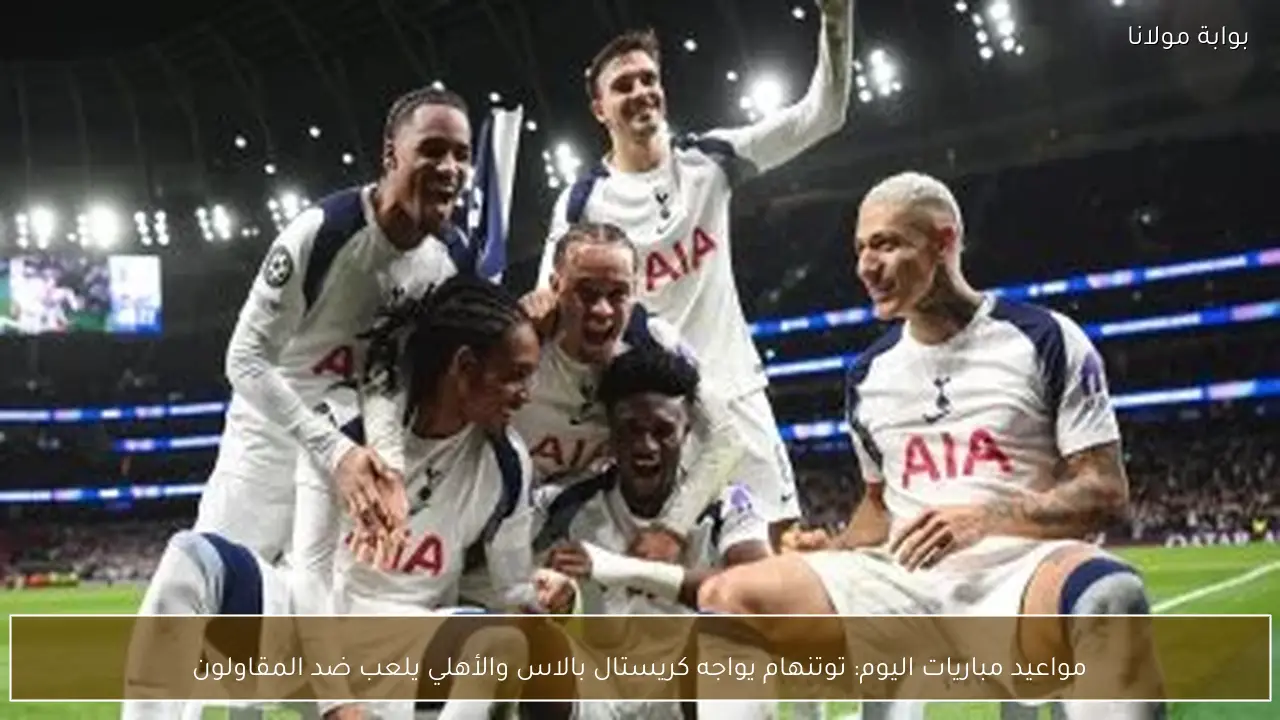 مواعيد مباريات اليوم: توتنهام يواجه كريستال بالاس والأهلي يلعب ضد المقاولون